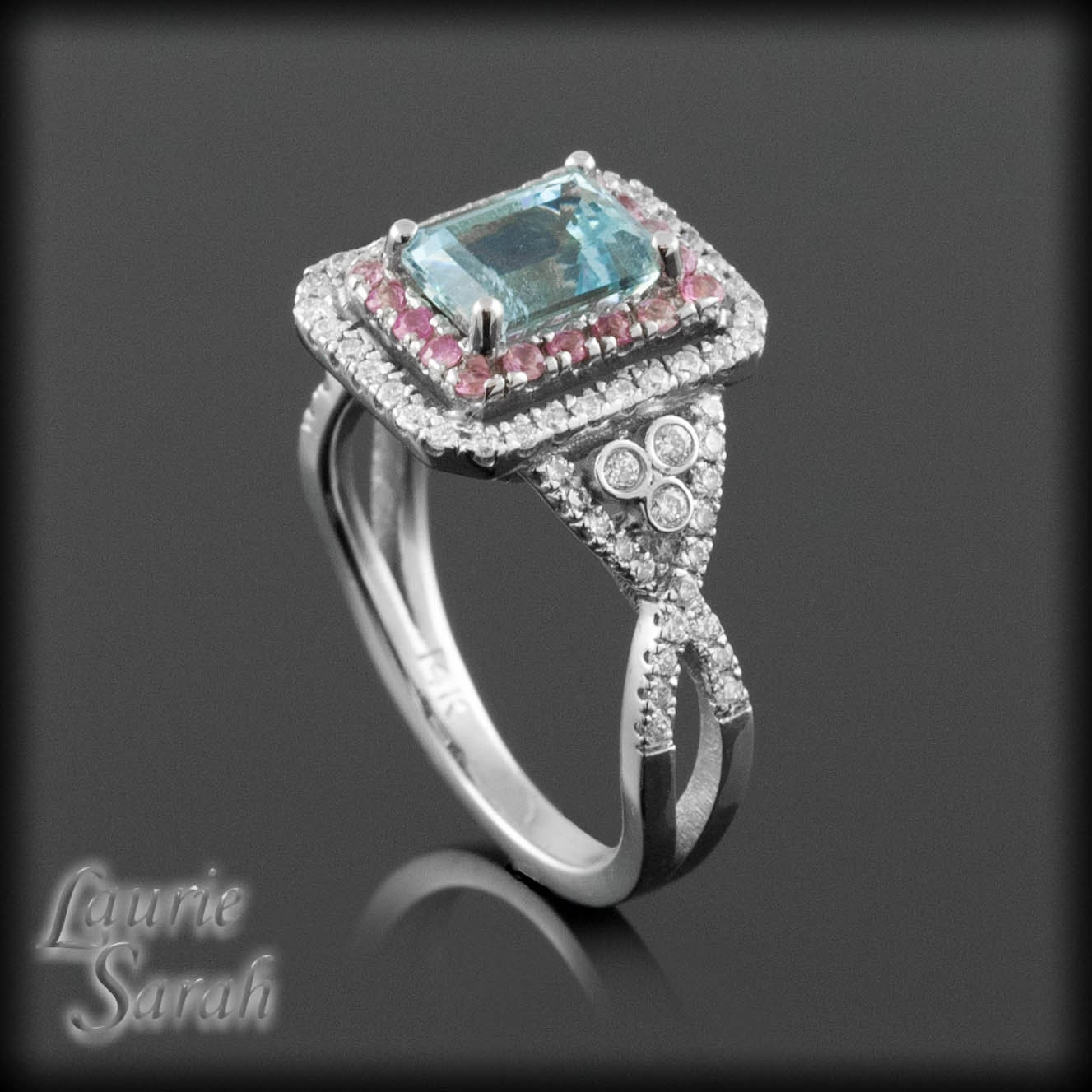 Emerald Cut Aquamarine Ring with Diamonds and Pale Pink Sapphires - LS1475