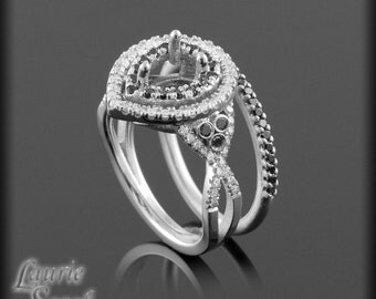 Black and White Diamond Pear Double Halo Ring Semi Mount with Black Diamond Band - Holds 5x7mm Pear Shaped Stone -  LS768