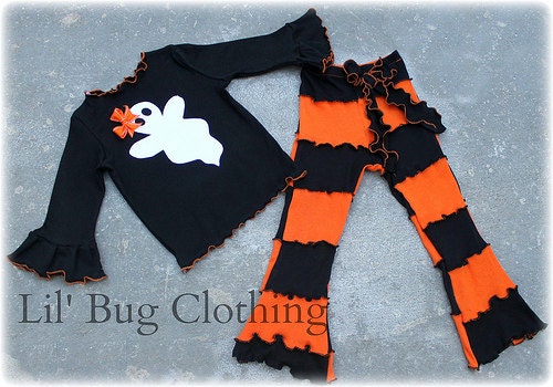 Halloween Ghost Tee Top Custom Boutique Clothing Black  Orange Lettuce Edge Comfy Knit Top and Leggings