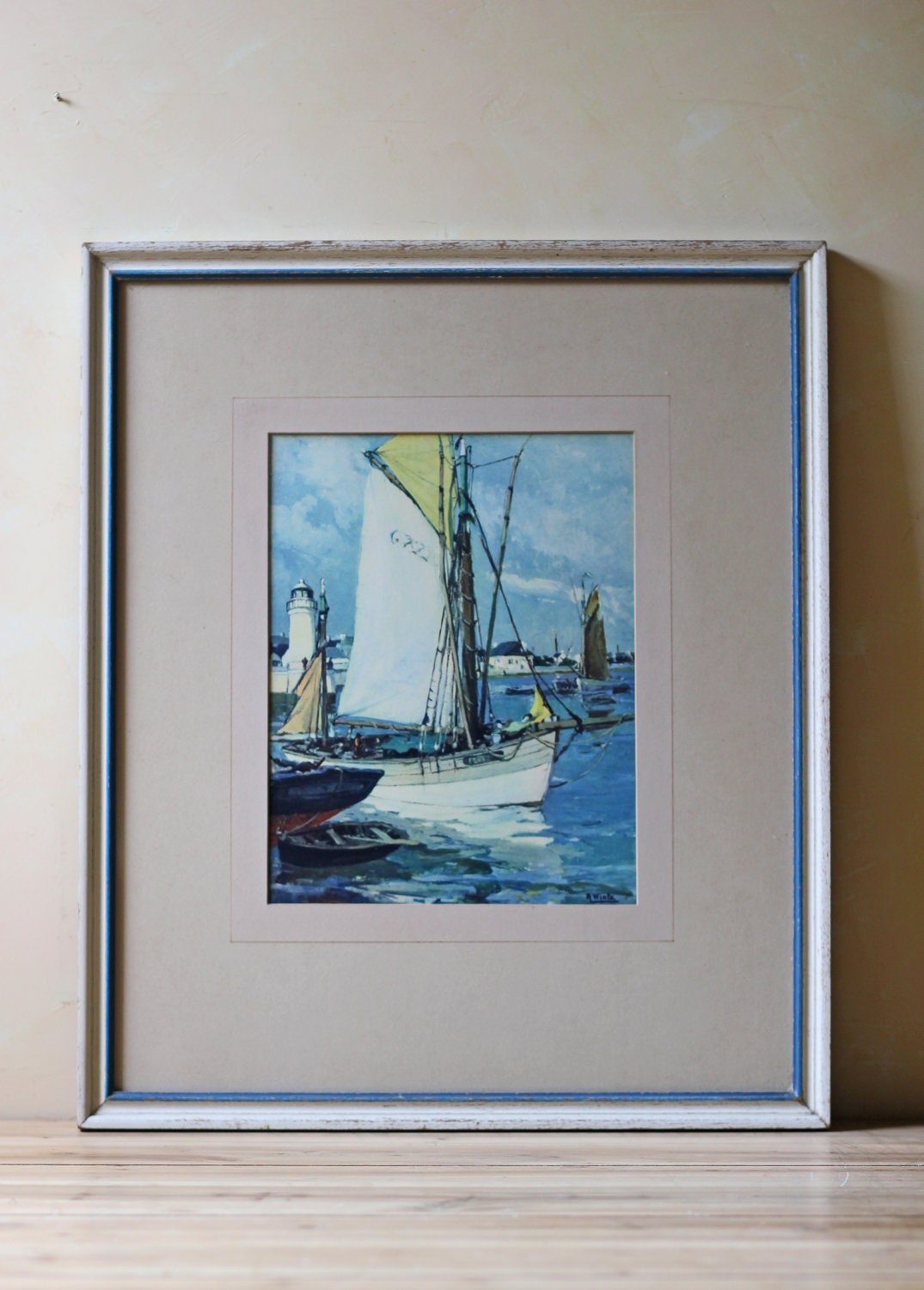 modern boat nautical watercolor painting framed, blue and white