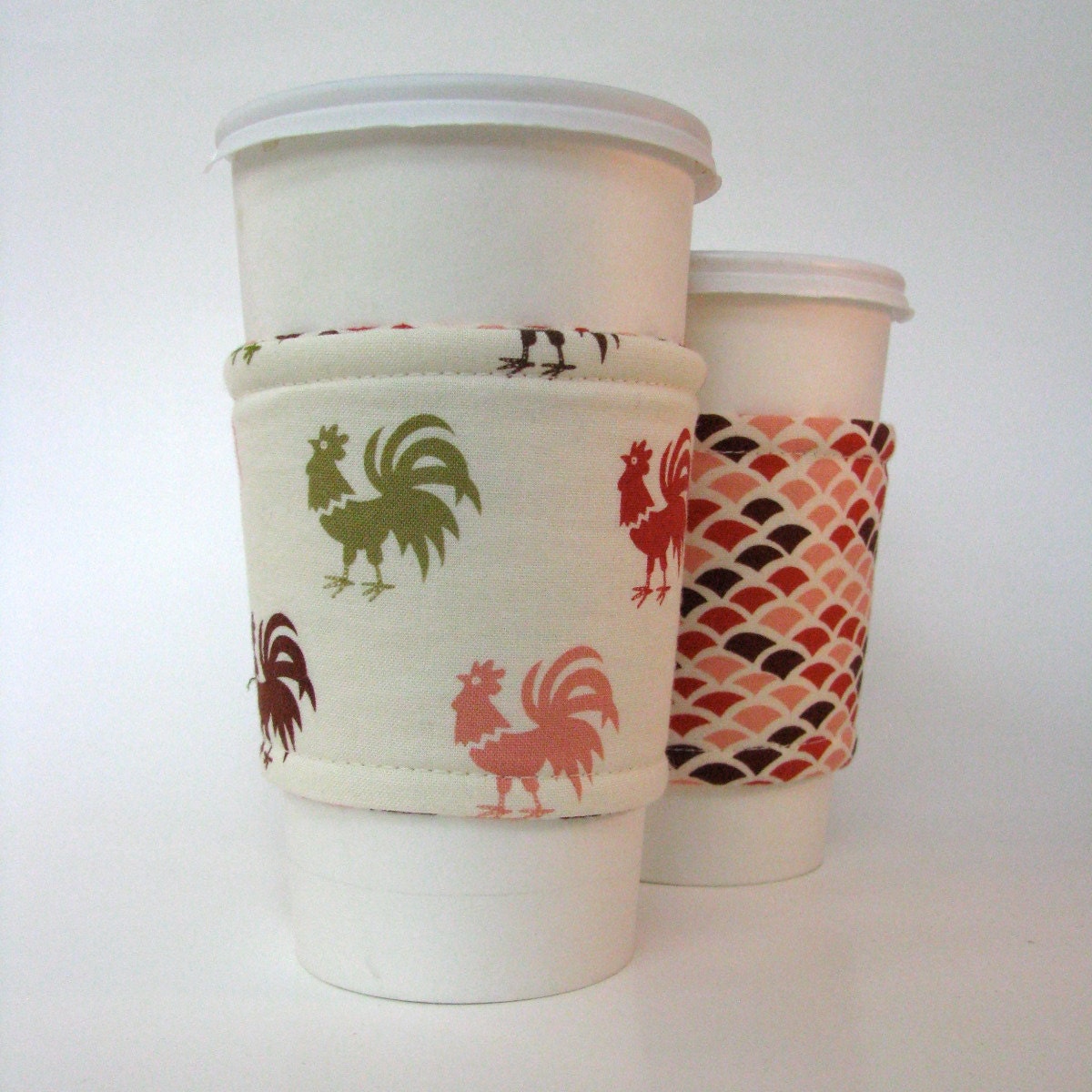Reusable Reversible Coffee Sleeve - Rise and shine with pink and green roosters with pink scallops