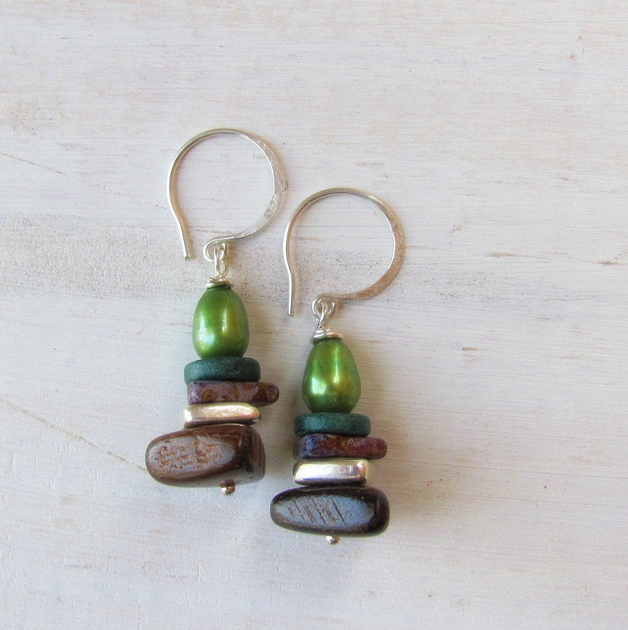 Greenery Earrings - Ceramic, Timber and Fresh Water Pearls