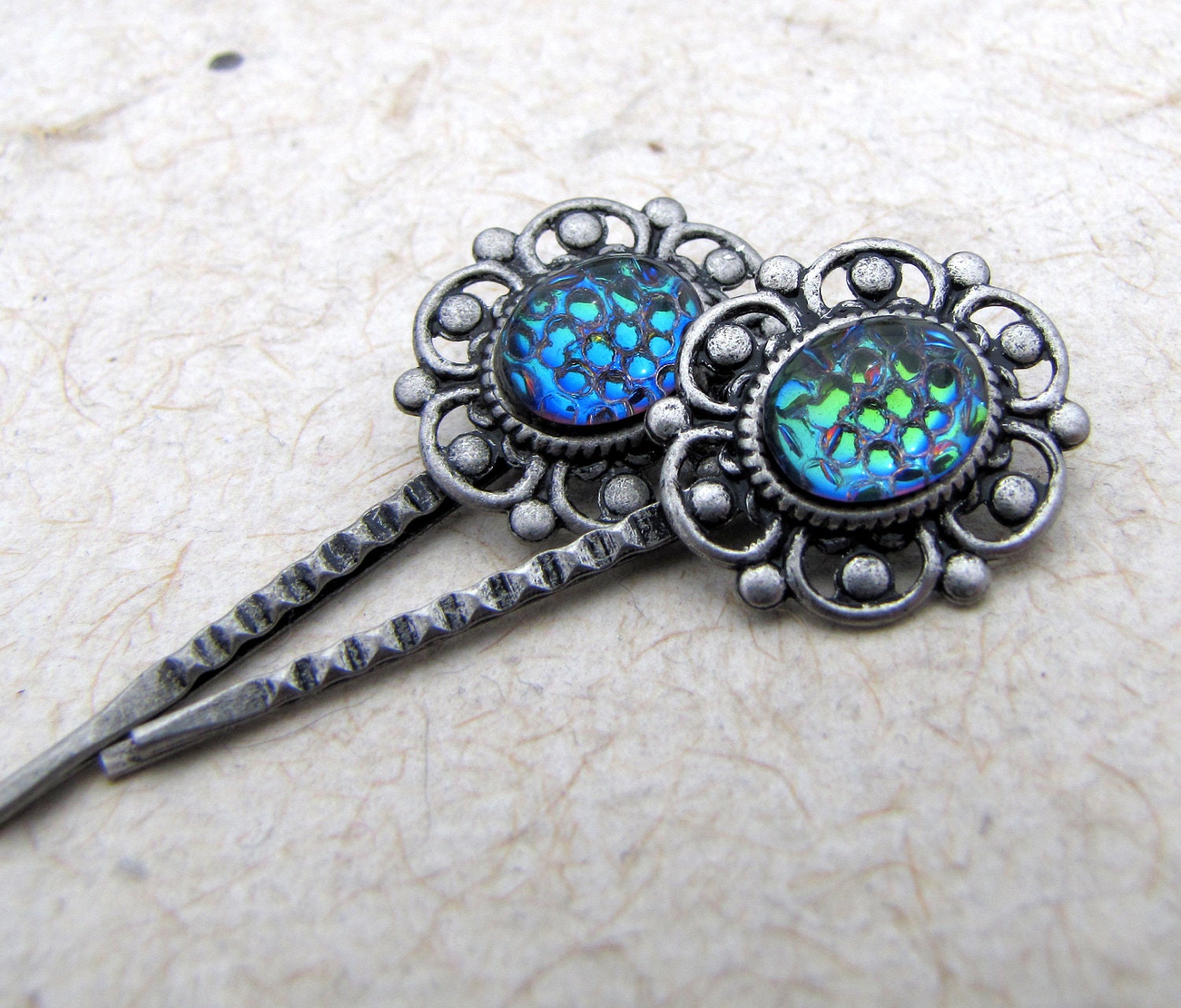 Antiqued Silver Steampunk Lace Hairpins - Dragon Scale Vintage Glass