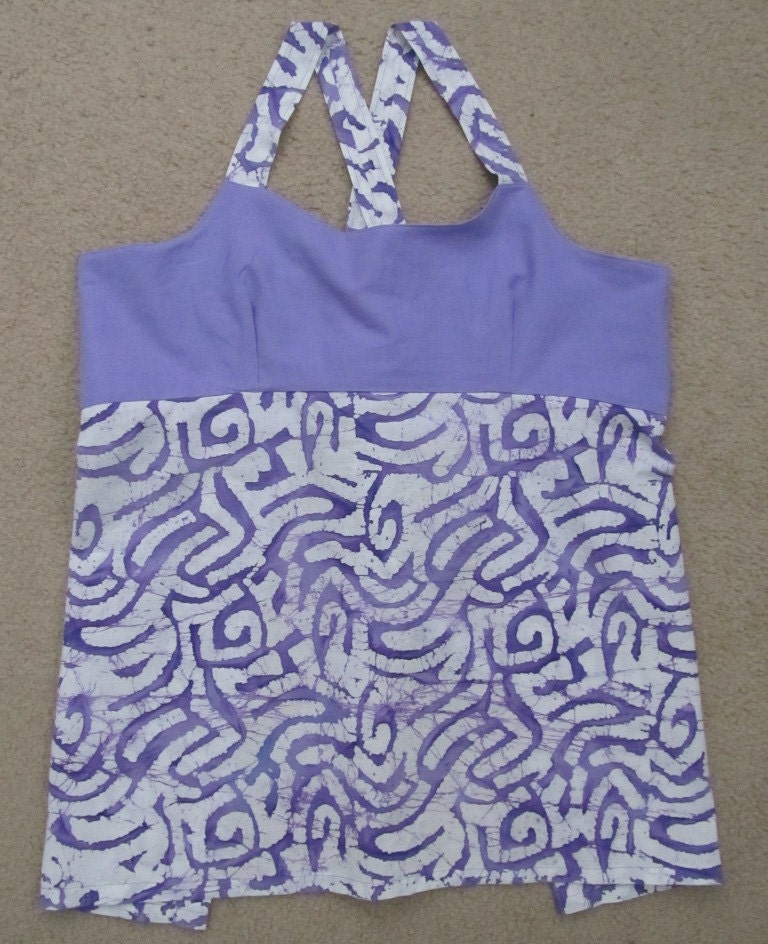 Handmade Plus Size Apron Top - Lavender Linen Purple and White Batik 1X 2X 3X