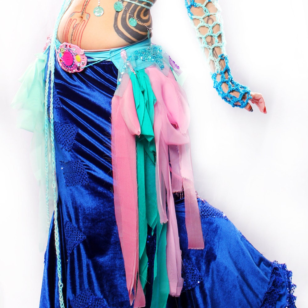 Tattered Bustle Skirt,  Candy Land Hip Belt blue pink purple mint green wrap Tribal Belly Dance Fantasy Fairy Carnival Performer