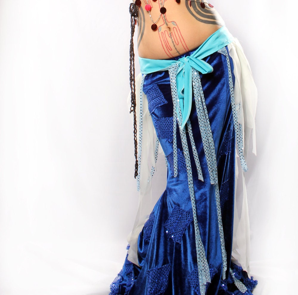 Tattered Bustle Skirt Hip Belt off white blue belt wrap Tribal Belly Dance Fantasy Fairy Performer