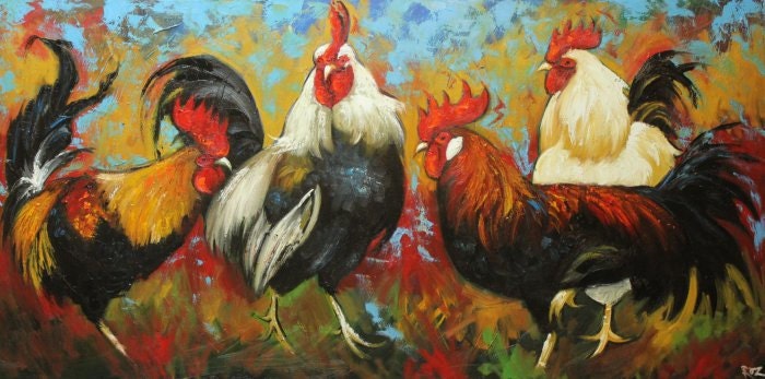 Rooster 566 24x48 inch original animal portrait oil painting by Roz