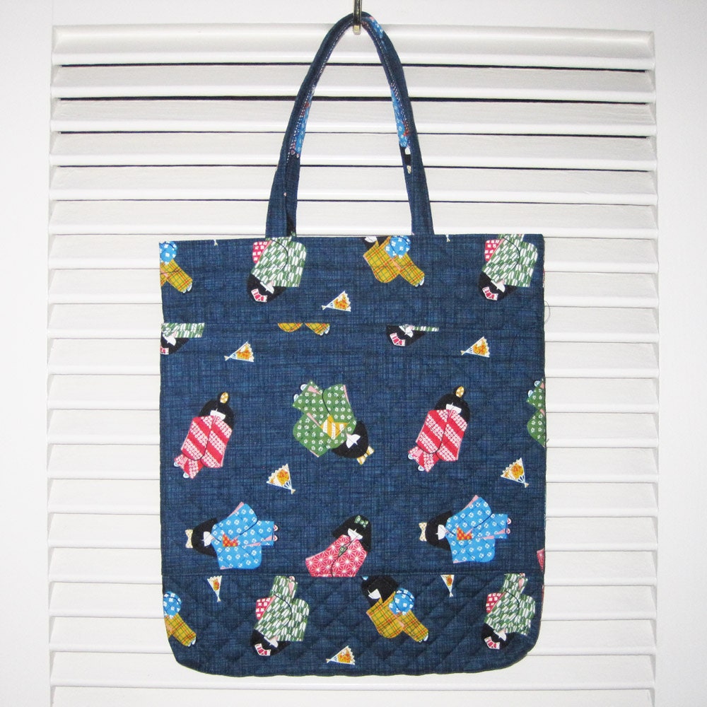 Kimono Girls Design Handy Tote Quilted Asian Japanese Fabric Navy
