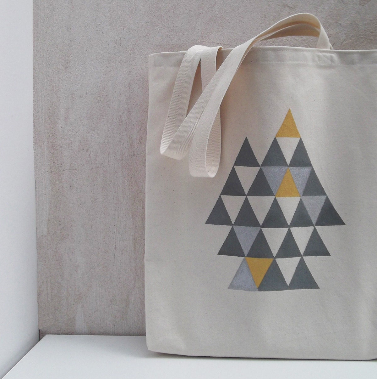 Tote bag canvas cotton with gold and silver handprinted triangles