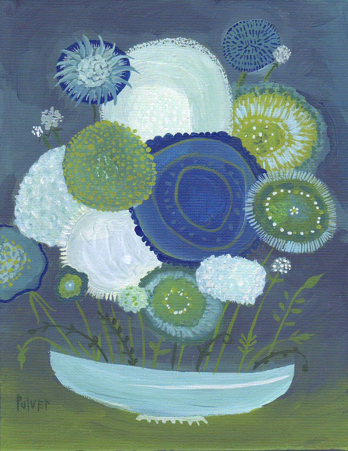 Blue and Green Floral Print - Flower Folk Art by Sara Pulver