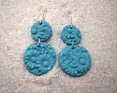 Bright Turquoise Carved Look Floral Drop Earrings