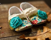 Blue Nightingale Mary Jane floral soft sole baby and toddler shoes