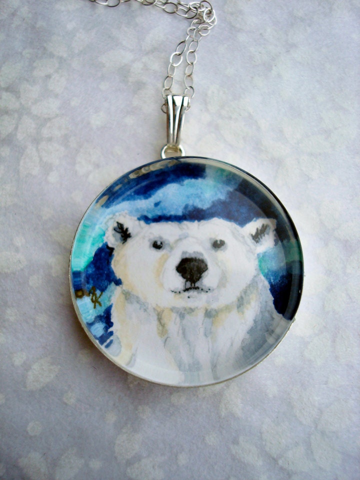 polar bear, ursula major, sterling silver pendant, original wearable art, hand painted watercolor