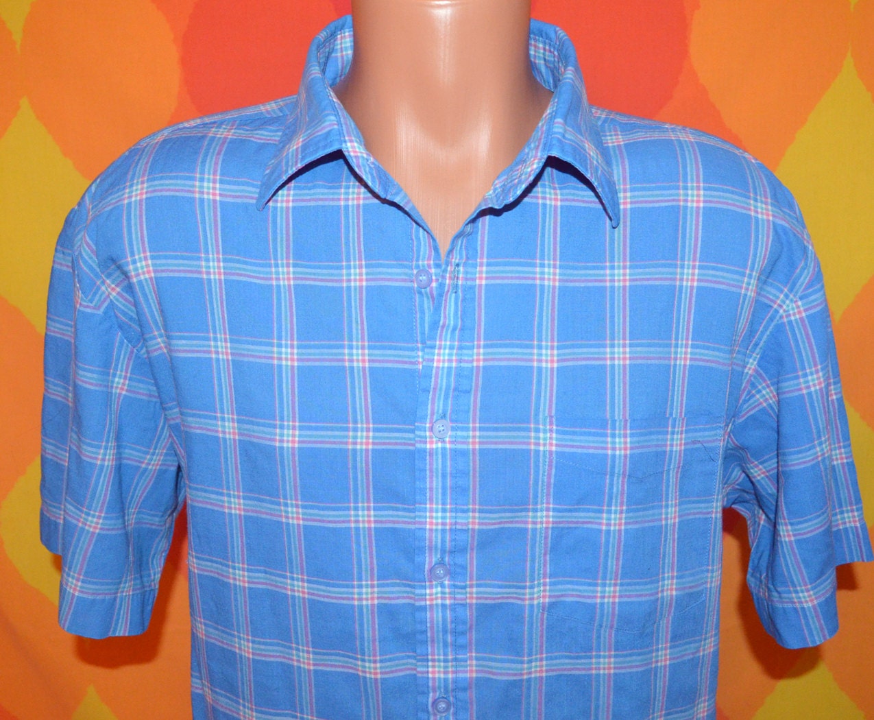 vintage 70s shirt plaid short sleeve button down preppy pastel western blue XL wedgefield 80s