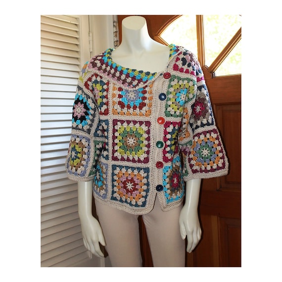 Crochet Asymmetrical Sweater - Custom Sizes 0 to 18 - Cotton Granny Square Colorful Design Sweater by Annie Briggs 'Shonda'