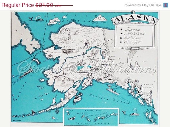 20% OFF ALL MAPS Alaska - Vintage Map of Alaska - A Fun and Funky Little Picture Map of Alaska to Frame