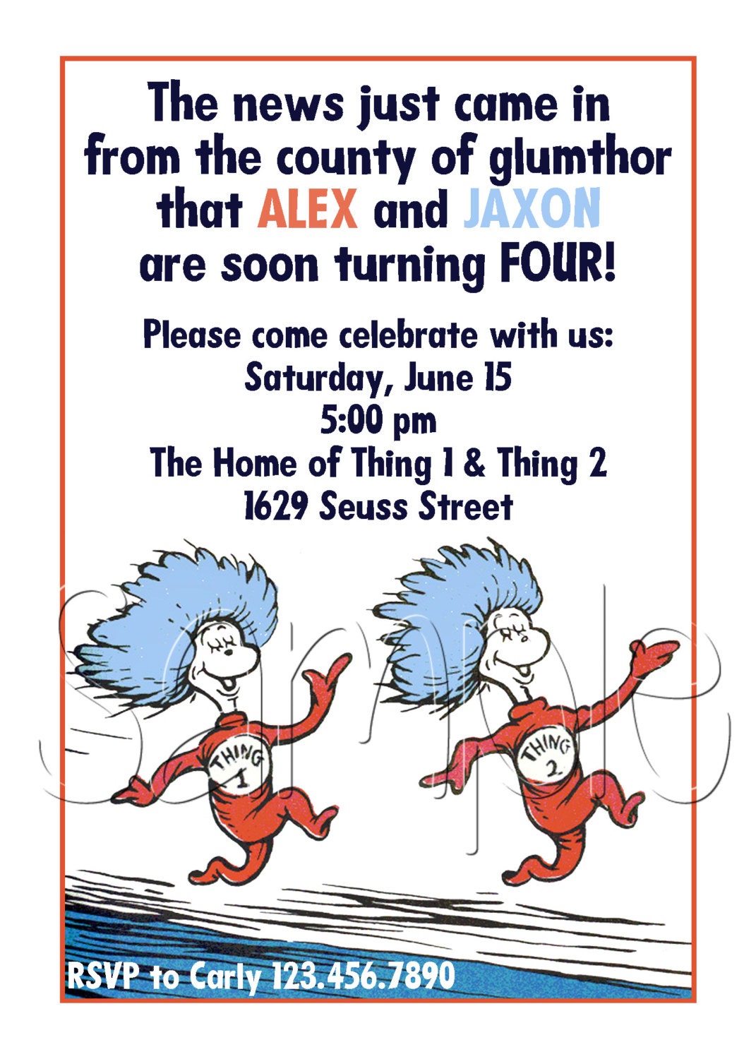 Custom Printable Dr Seuss Thing 1 & Thing 2 Birthday Party Invitation