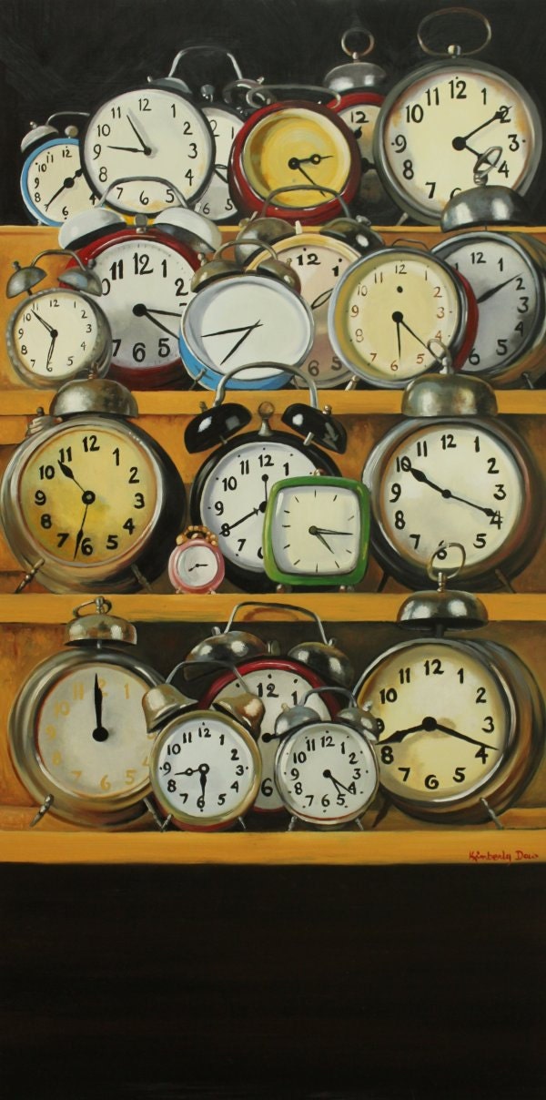 About Time original still life oil painting clocks 40x20 inches by Kim Dow