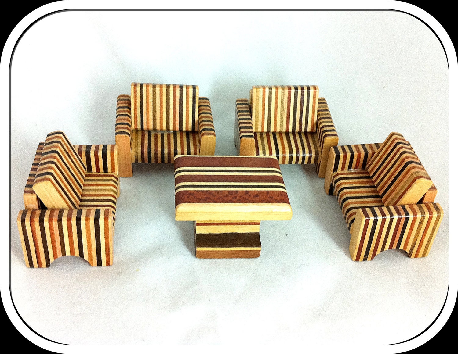 Vintage Dolls House Furniture - Retro Hand Made Lounge Suite - Four Chairs and Coffee Table - Variety of Layered Woods - 1950s / 60s.