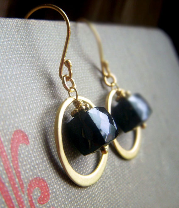 Black Spinel Earrings on Vermeil . 3D Gemstone Geometric Cube Dangle . Noir Luxe
