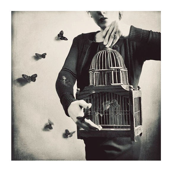 Surreal Portrait, The Butterfly Releaser, 8x8 Print, Butterflies, Birdcage, Monochromatic Photography