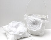 Flower Girl Basket, Wedding Ring Bearer Pillow Set - Floral Brocade White Satin