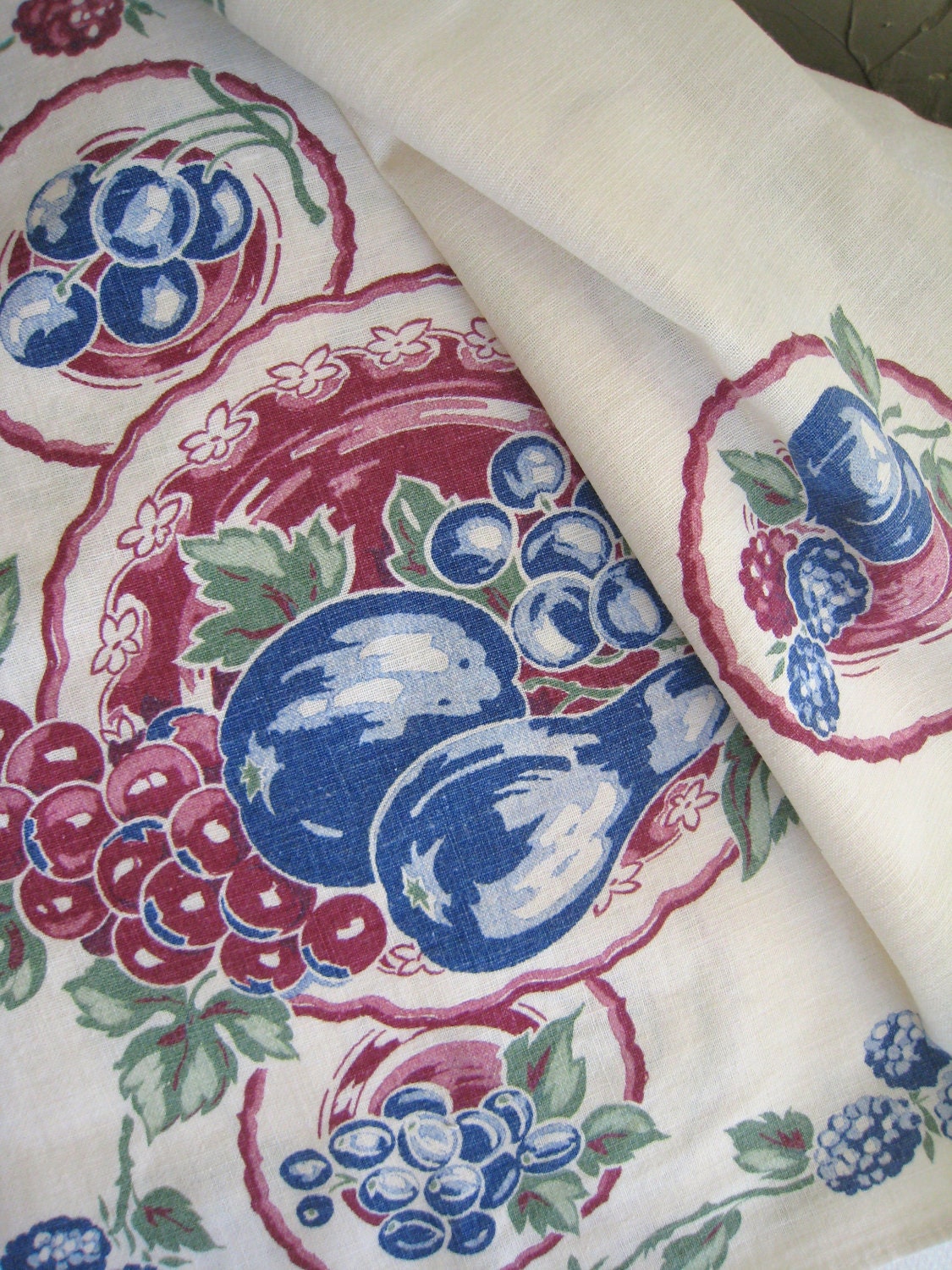 Vintage Kitchen Towel Cameo Fruit Blue Burgandy Pears Plums Grapes Raspberries Cherries Circa 1950 Cotton Fabric Mid Century