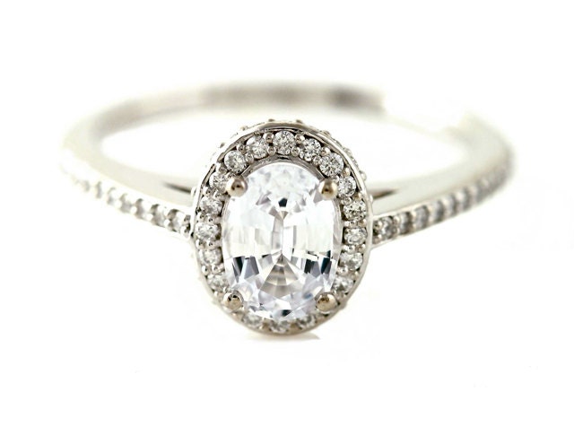 Oval White Sapphire Engagement Ring Oval Diamond Halo Setting 14K White Yellow Rose Gold Bridal Jewelry