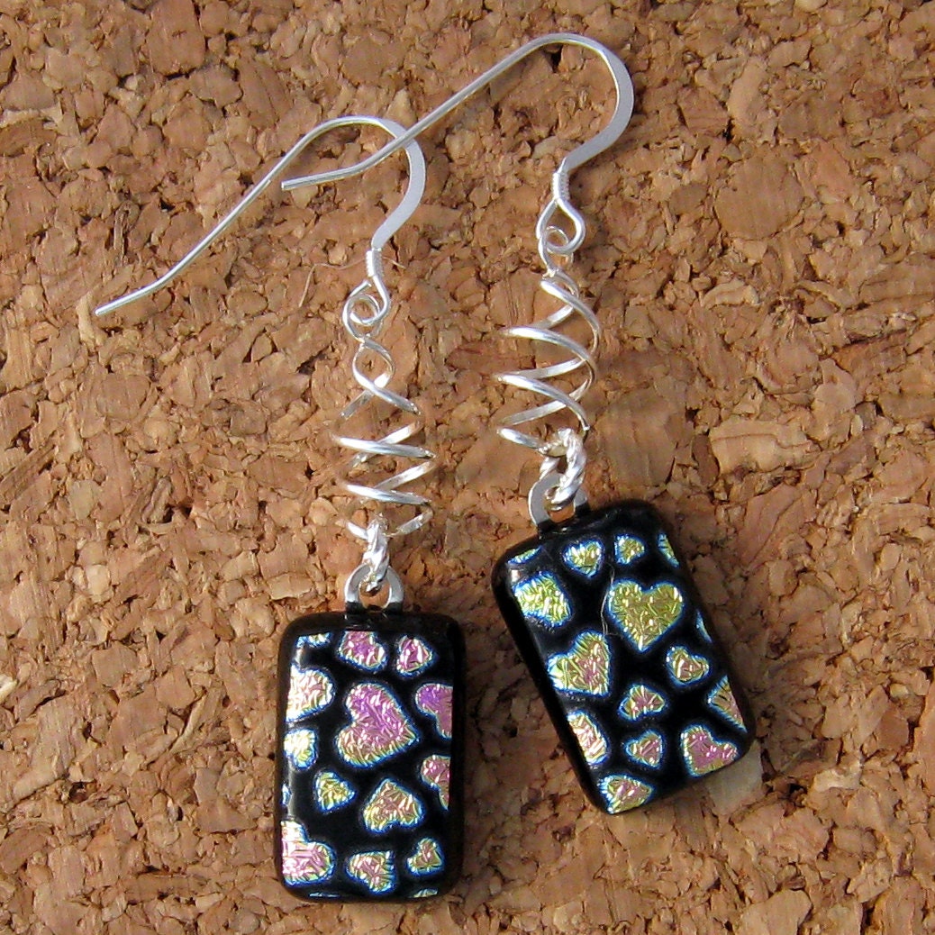Dichroic Heart Earrings, Fused Glass Heart Earrings, Dichroic Jewelry, Fused Glass Jewelry