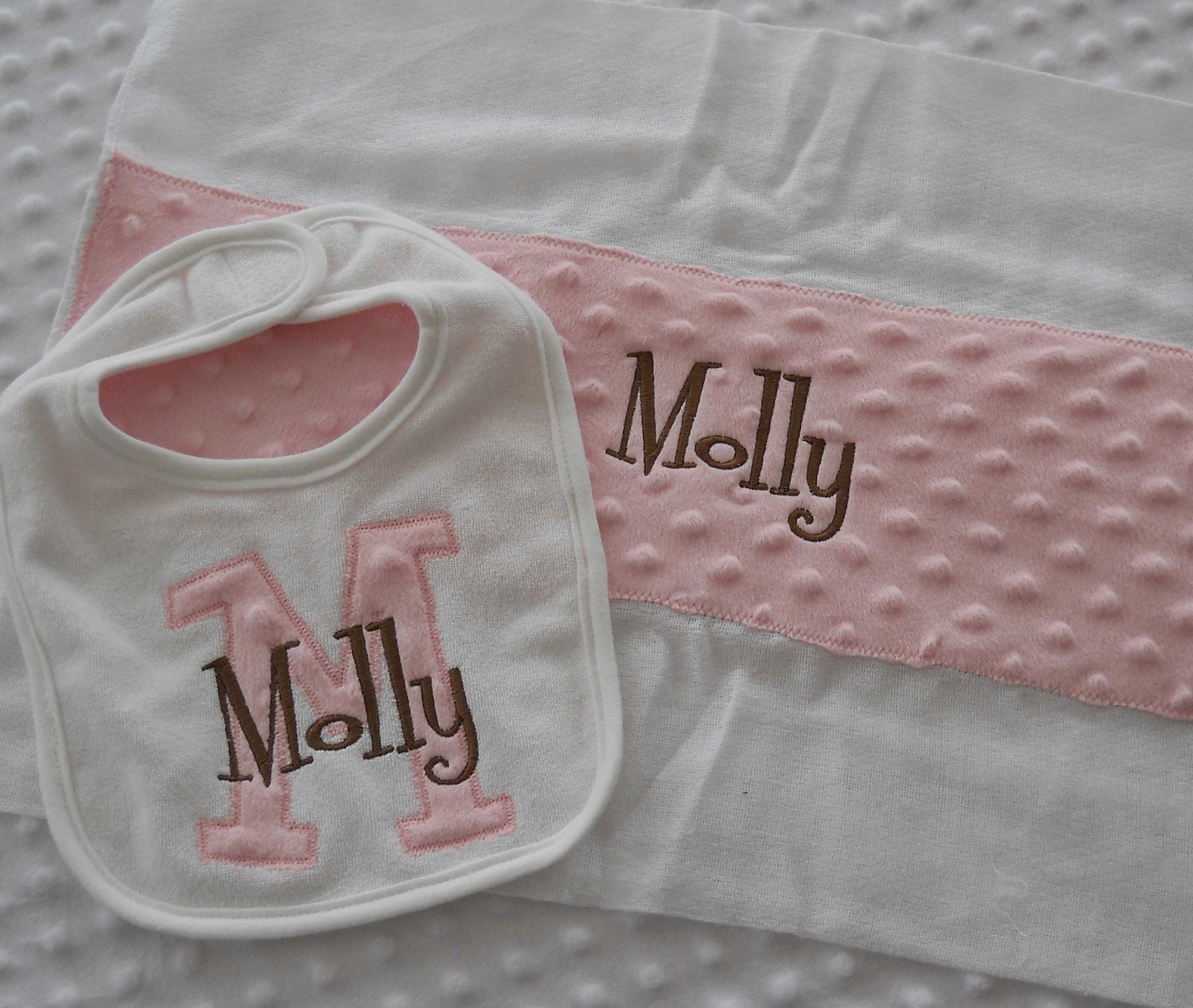 Personalized Gift Set of 1 Baby girl Bib with Appliqued INiTiaL in MiNKy and embroidered name and 1 burp cloth with name in Pink and Brown