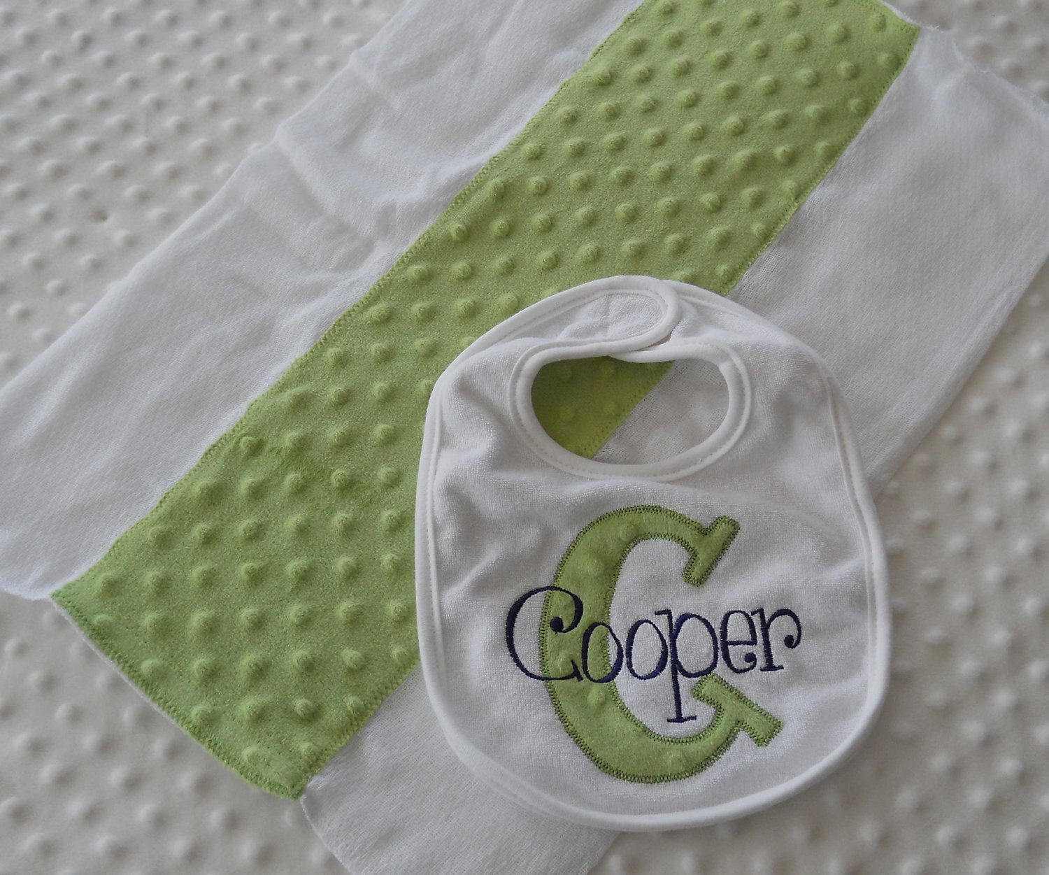 Personalized Gift Set of 1 Baby boy Bib with Appliqued INiTiaL in MiNKy and embroidered name and 1 burp cloth in Green and Navy Blue