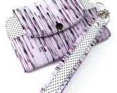 Lavender Black and White Fabric Cell Phone Wallet with Wristlet Strap, Zippered Pocket and Vinyl ID Window - Errand Runner - Mod Lines