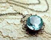 Aqua vintage jewel necklace victorian brass estate style filigree bridal blue