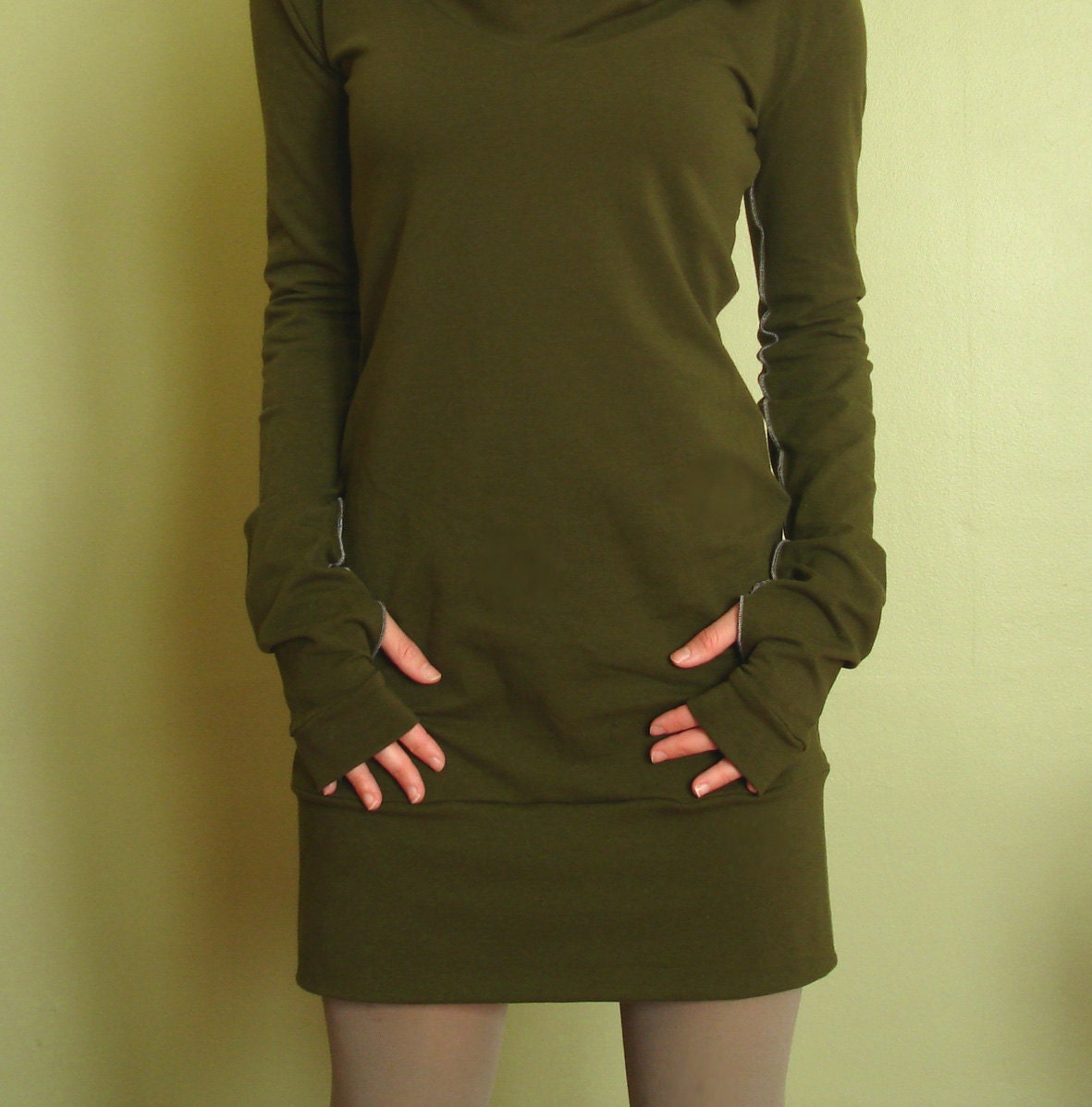 hooded tunic dress extra long sleeves w/thumb holes OLIVE GREEN