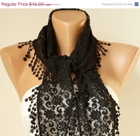 SALE - Lace Scarf - Black Scarf - Tulle Scarf with Lace