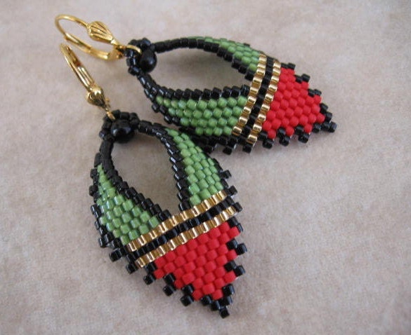 Beadwork - Russian Leaf Earrings - Red/Avocado