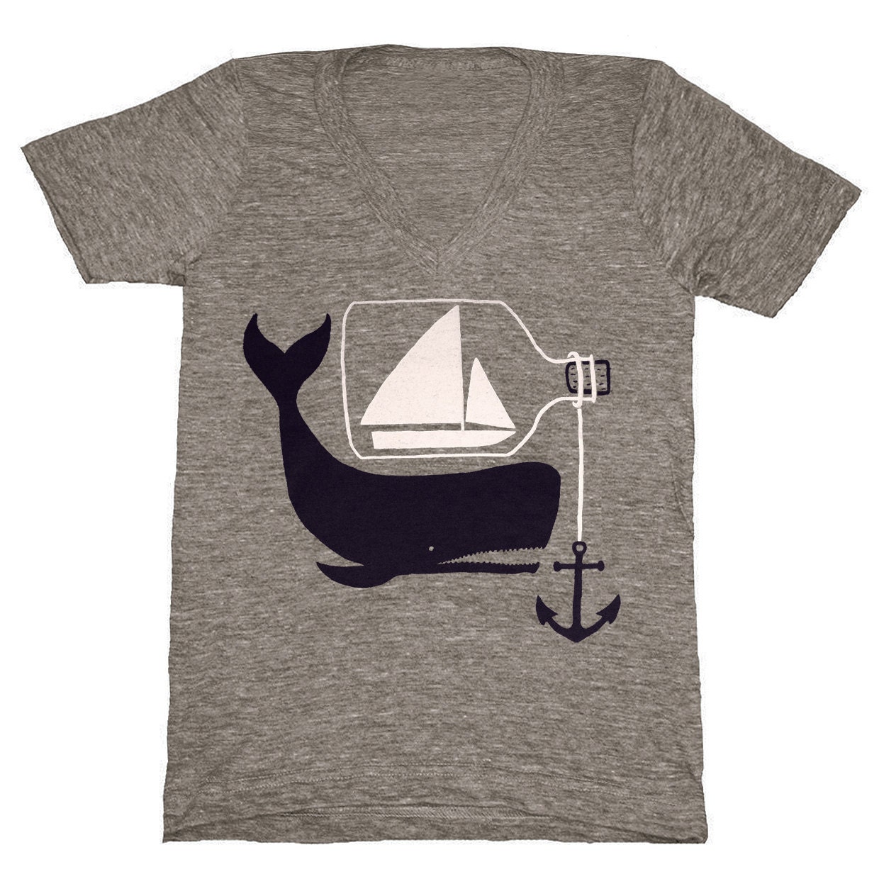 Ship & Whale - Vneck Nautical T-Shirt Tee Shirt Anchor Sea Sailing Sail Boat Ship in a Bottle Rope Triblend Athletic Grey V-Neck Tshirt