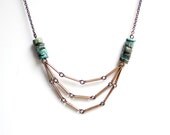 Turquoise Bead Vintage Layered Chain Necklace - Vintage Oxidized Brass Chain