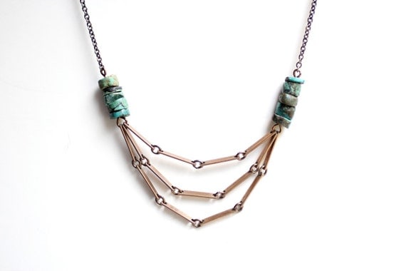 Turquoise Bead Vintage Layered Chain Necklace - Vintage Oxidized Brass Chain
