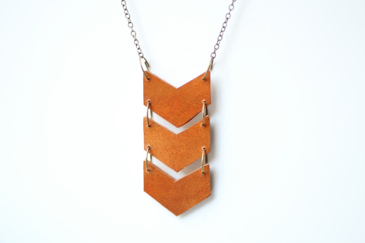 Geometric Leather Tan Triple Chevron Necklace - Antiqued Brass Chain
