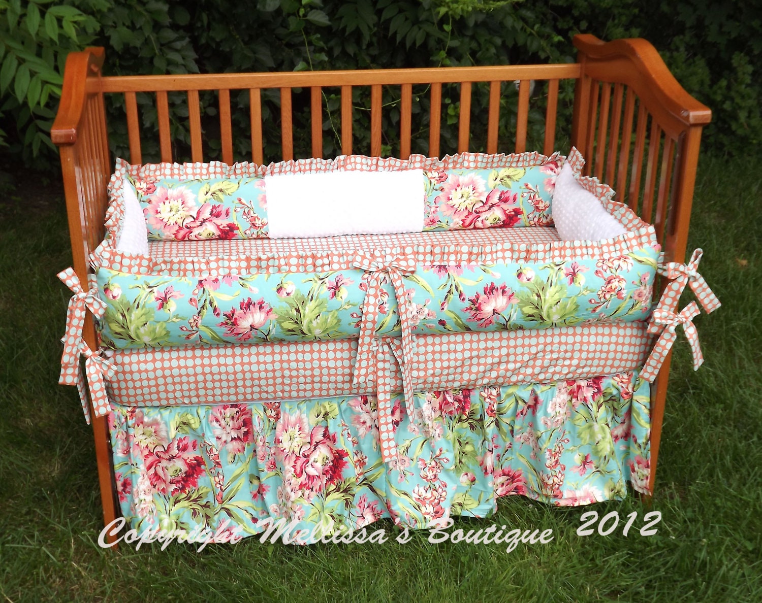 Custom Coral and Aqua/Turquoise Baby Nursery 3-Piece Ruffled Crib Bedding Set made with Designer Fabrics