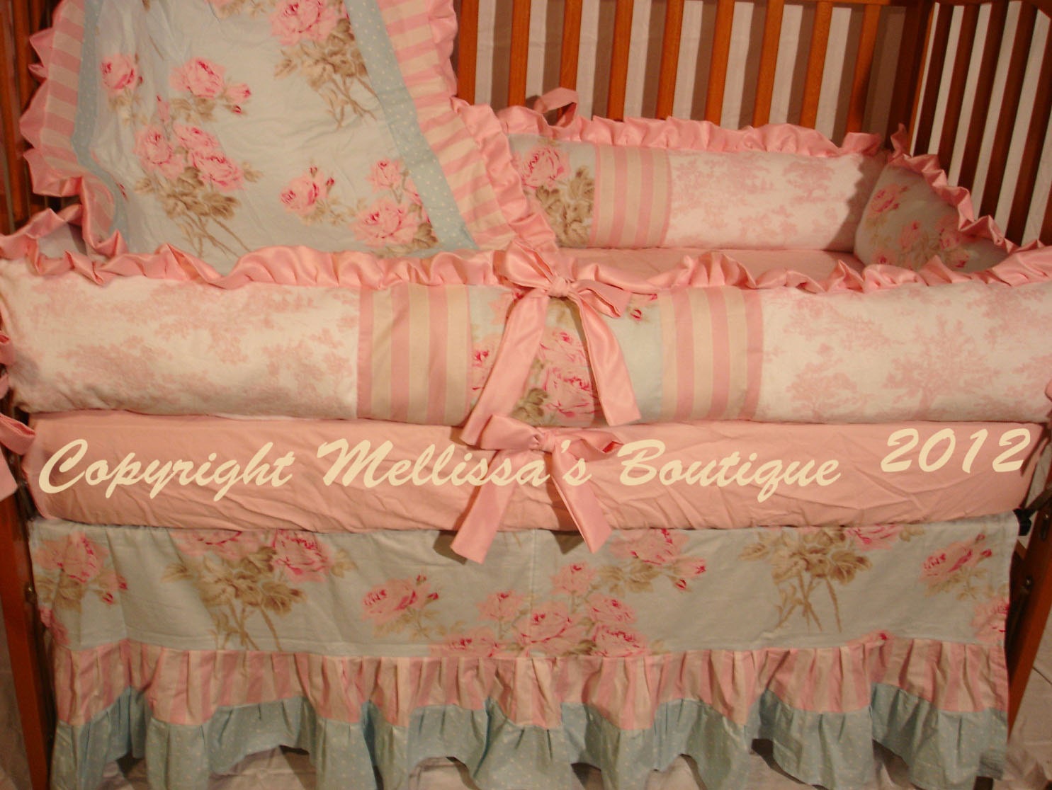 Custom Shabby Chic Pink and Blue Roses/Toile Luxury Ruffled Crib Bedding Set READY TO SHIP Right Now