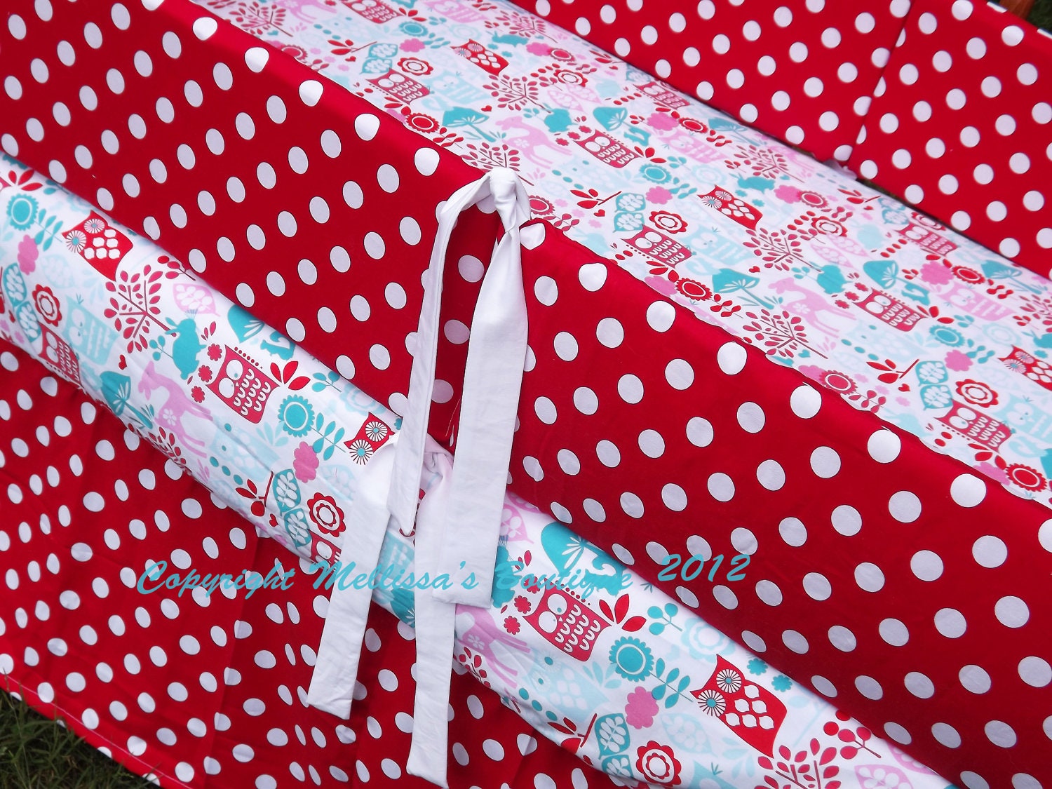 Custom Aqua & Red Michael Miller with Owls or Damask/Dots Crib Bedding Boutique YOUR CHOICE To Customize