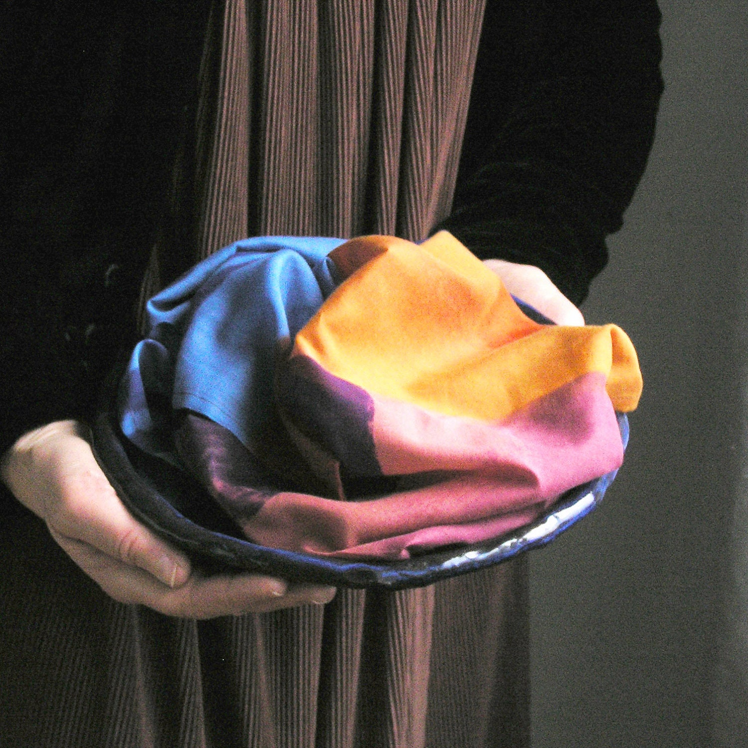 cotton fabric  Scarf  - blue orange - handmade abstract  oblong
