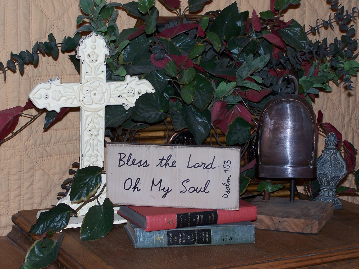 Home Decor Wood Sign, Shelf Sitter, Shabby Cottage Country Chic, Hand Inked Calligraphy Psalm 103 Scripture, Bless the Lord, Ready to Ship
