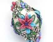 Flower Basket Bead Dark Pink Lavender Turquoise White Artisan Bead