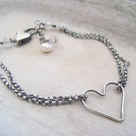 valentines gift . gift for her . rustic handmade sterling silver open heart bracelet ..bridal jewelry