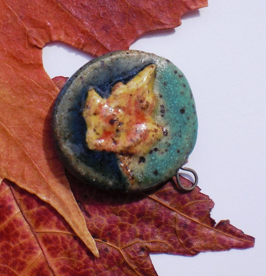 Turquoise and Teal Stoneware Maple Leaf Charm or Pendant