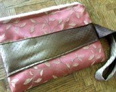 Zipper Clutch Wristlet purse in mocha and burnt sienna brocade upholstery with walnut necktie