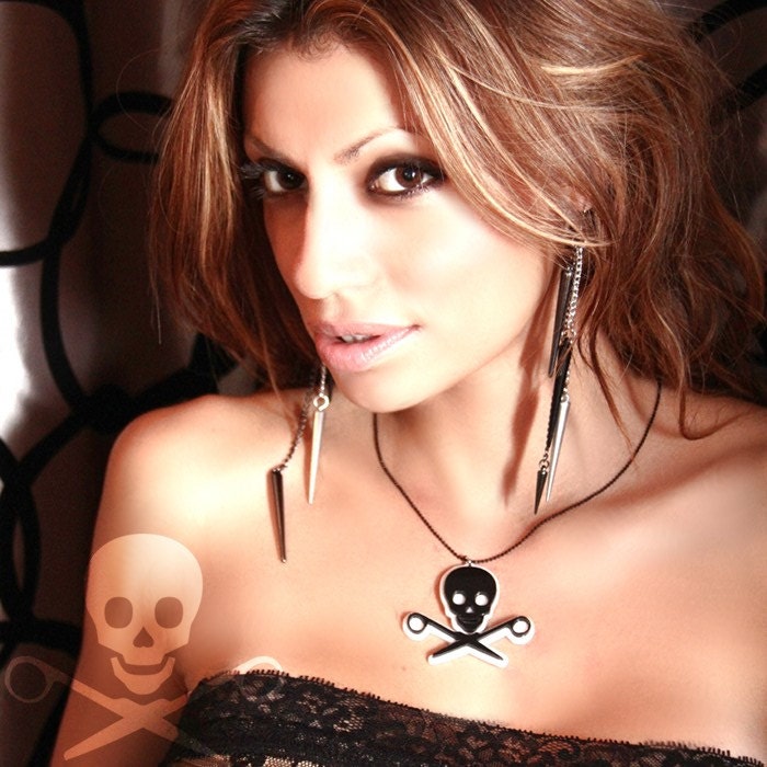 RUNNING WITH SCISSORS -  Skull and Scissors Laser Cut Acrylic Necklace in Black and White